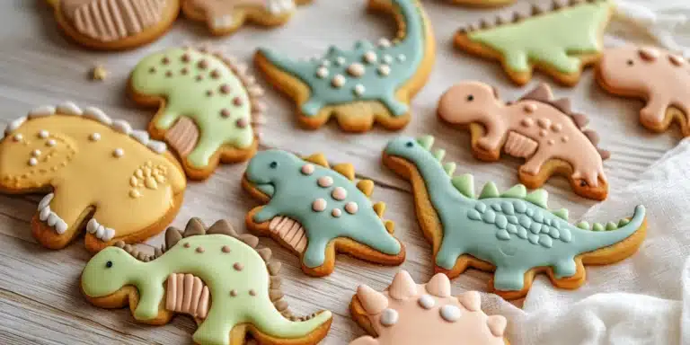 Close-up of colorful and fun decorated dino cookies.