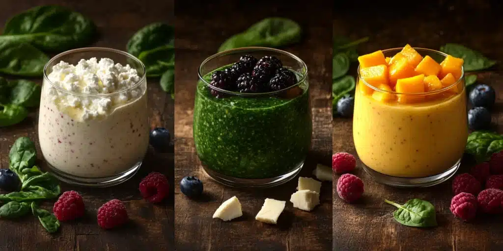 A photo collage of three colorful cottage cheese smoothies each with its ingredients arranged around it