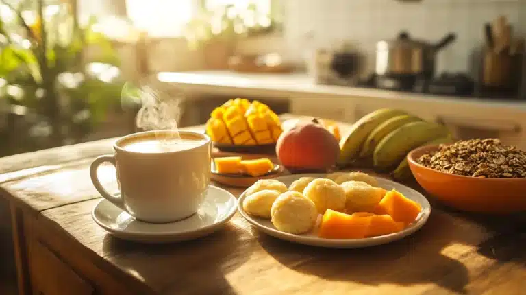 A Brazilian breakfast spread featuring pão de queijo, café com leite, tropical fruits, and granola on a table in a sunlit kitchen