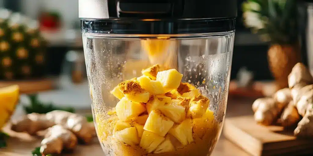 The ingredients for a pineapple ginger turmeric shot being blended.