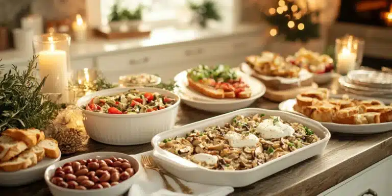 A festive Christmas dinner table showcasing Italian dishes like bruschetta, marinated olives, risotto, chicken cacciatore, fresh salad, and tiramisu, beautifully arranged in a cozy, festive setting