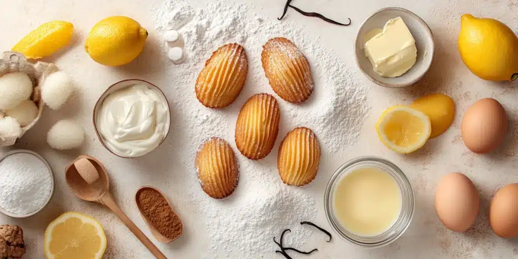 Raw ingredients for madeleines with cream, including flour, sugar, butter, eggs, cream and spices.
