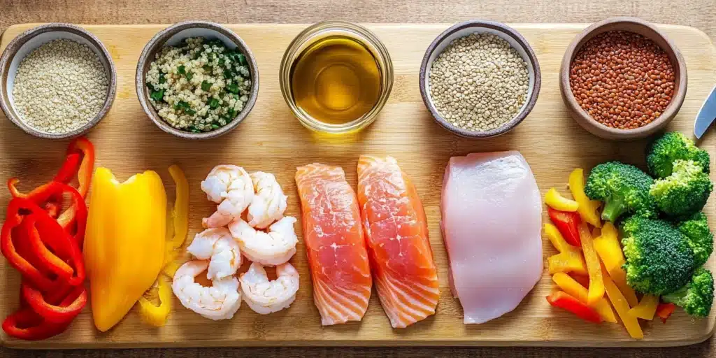 A flat lay of high-protein meal prep ingredients, featuring raw chicken, shrimp, salmon, quinoa, fresh vegetables, and spices on a wooden counter.