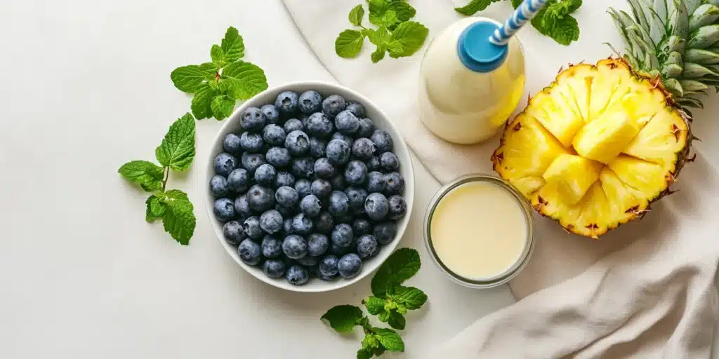 Fresh raw ingredients for a blueberry pineapple smoothie: fruit, and liquid.
