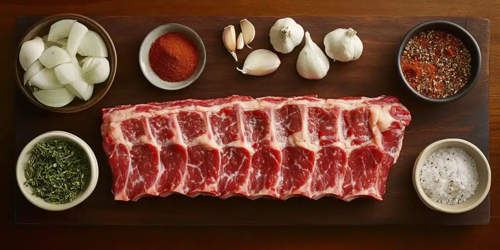 Raw ingredients for a slow cooker beef rib steak, including steak, aromatics, spices, and liquids.
