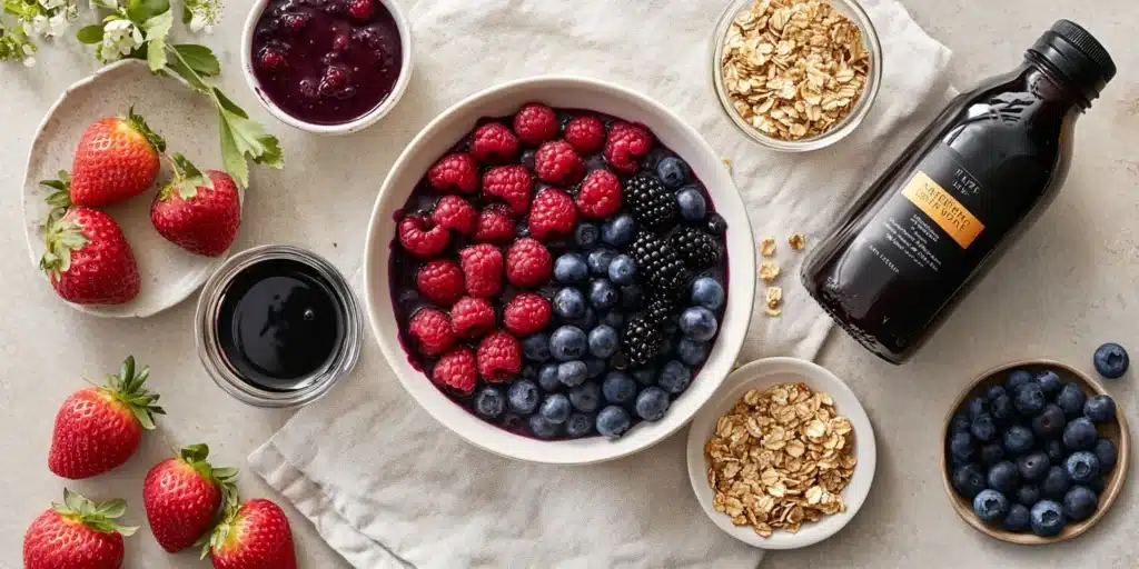 Fresh raw ingredients for a wildberry fruit smoothie bowl, including berries, milk, granola and honey.