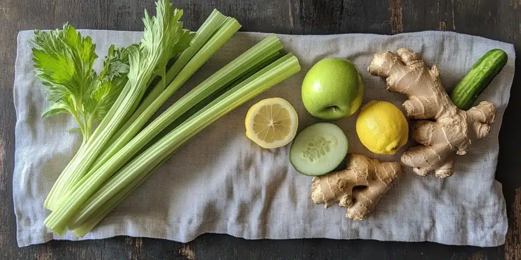 Raw ingredients for a cold-pressed celery ginger shot, including celery, ginger, lemon and more.