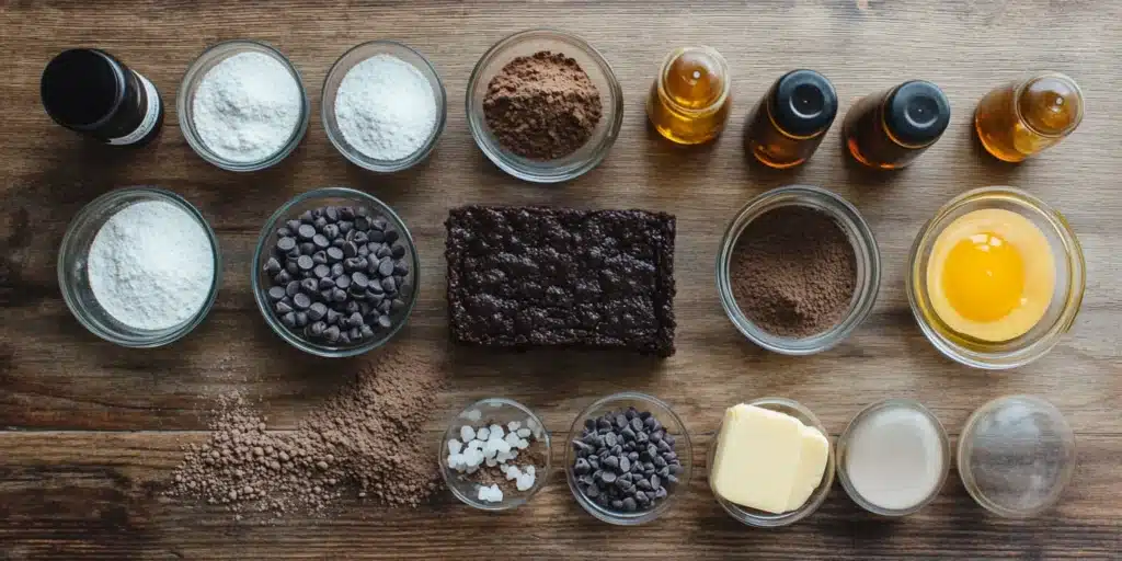 Raw ingredients for a copycat Big Ol' Brownie, including melted butter, sugar, cocoa, eggs and more.