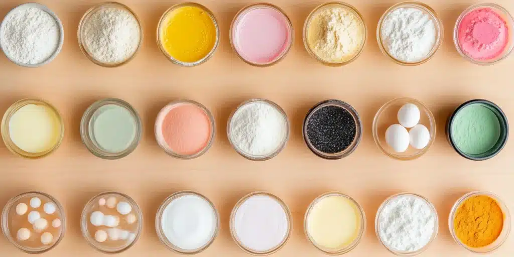 Raw ingredients for dino cookies, including butter, sugar, flour, eggs and food coloring.