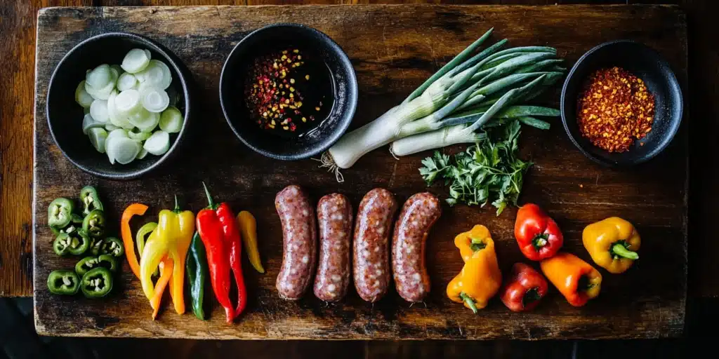 Raw ingredients for grilling sausages, including sausages, onions, peppers, and spices.