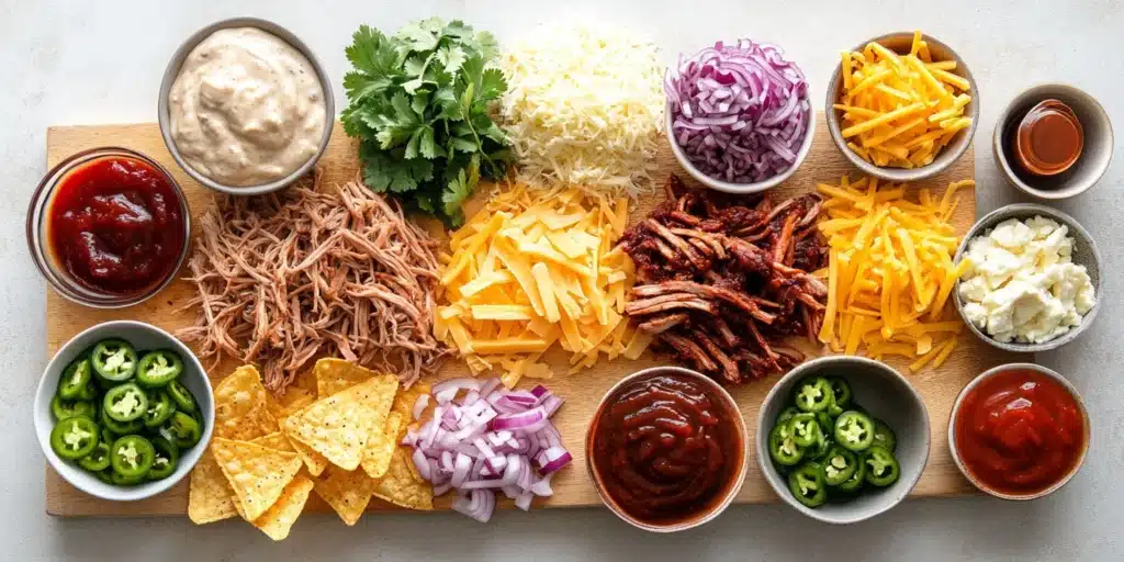 Raw ingredients for Southern BBQ nachos, including meat, cheese, chips and toppings.