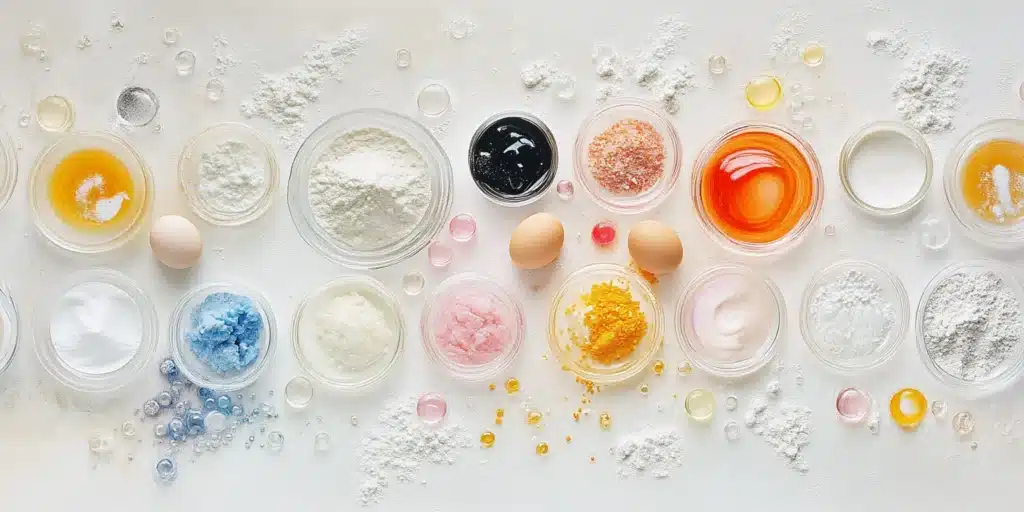 Raw ingredients for teddy bear cookies, including butter, sugar, flour, eggs and food coloring.