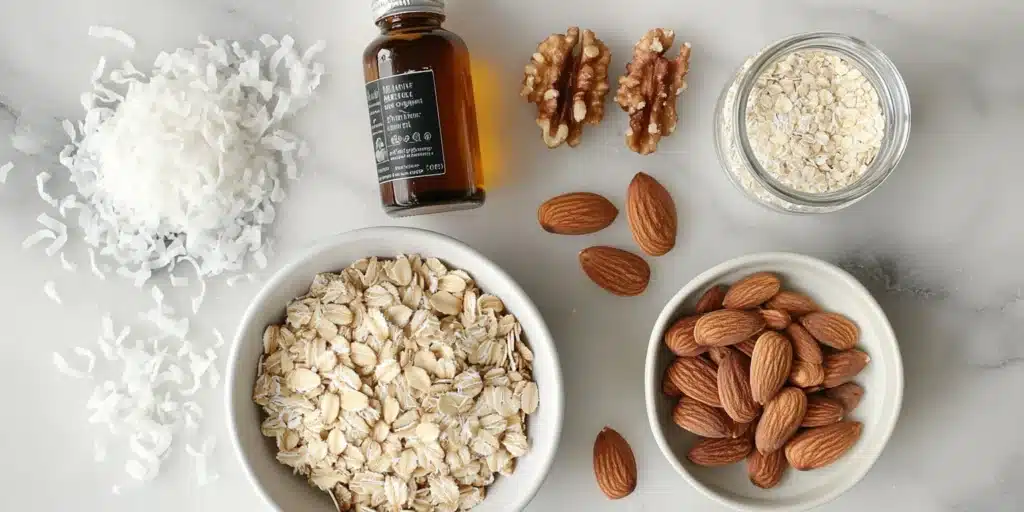 Raw ingredients for no-oven vanilla nut granola, including oats, nuts, seeds, and sweeteners.