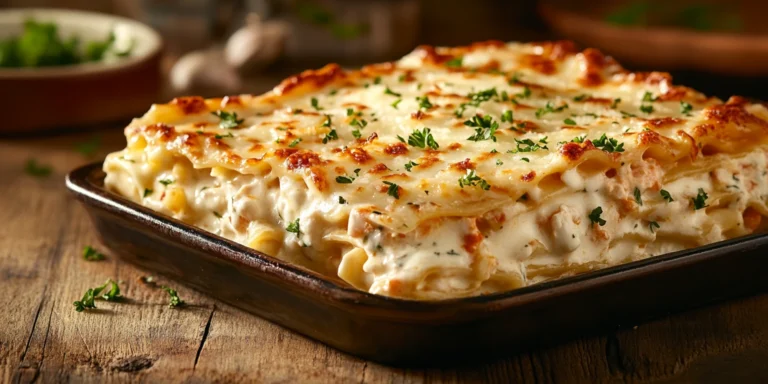 A freshly baked Alfredo lasagna with layers of creamy sauce, pasta, chicken, and melted cheese, garnished with parsley, served on a wooden table.