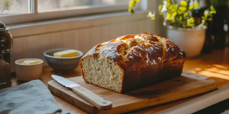 A freshly baked loaf of 4-ingredient banana bread, sliced to reveal its moist texture, placed on a wooden cutting board in a cozy kitchen.