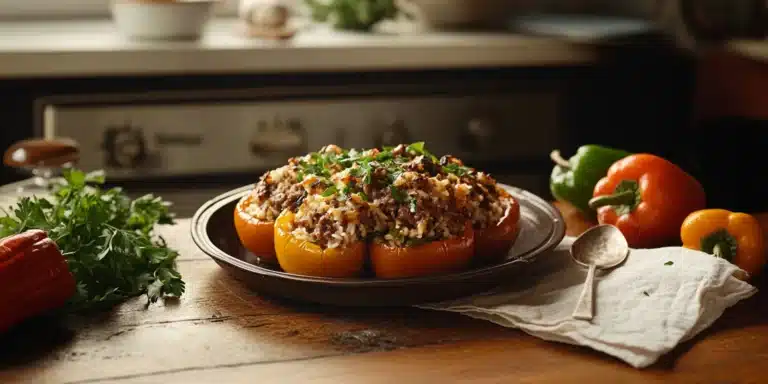A plate of freshly baked, old fashioned stuffed bell peppers on a wooden countertop, surrounded by simple cooking ingredients and natural light.