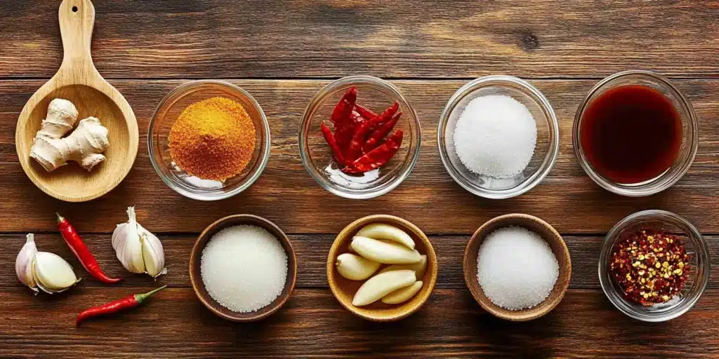 A neatly organized display of sweet chili sauce ingredients, including red chilies, garlic, ginger, sugars, rice vinegar, soy sauce, cornstarch, and water, arranged on a wooden countertop.