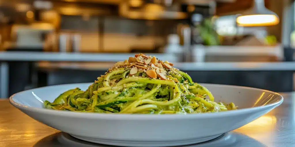 A plate of Zucchini Noodles with Avocado Pesto, topped with crushed almonds and black pepper, arranged beautifully in a casual dining setup. The scene includes a simple tablecloth and a glimpse of kitchen essentials in the background.
