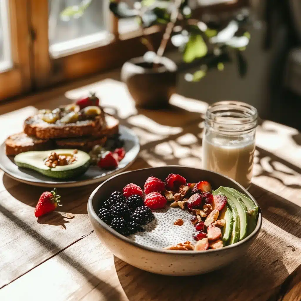 A gluten and dairy-free breakfast spread featuring a chia seed bowl, toast, avocado, and a glass of milk, all on a wooden table.