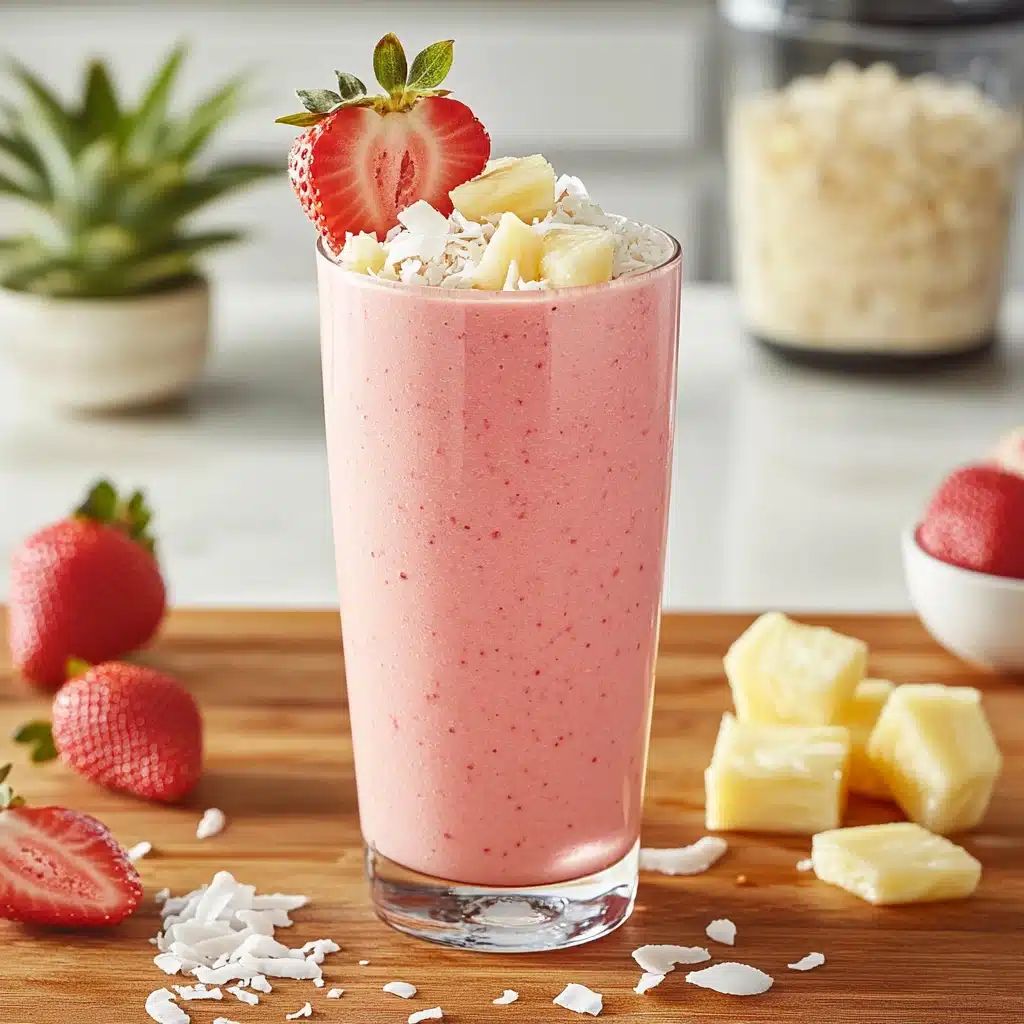 A creamy pink Bahama Mama Smoothie garnished with a strawberry slice and shredded coconut, surrounded by fresh strawberries, pineapple, and white chocolate on a wooden counter.