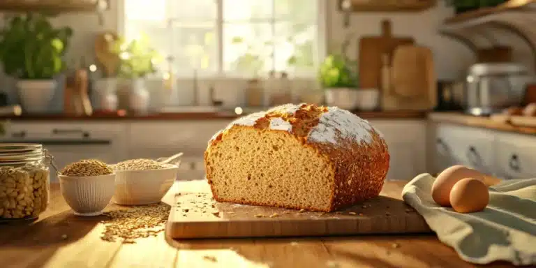A freshly baked loaf of protein bread on a wooden kitchen counter, surrounded by ingredients like eggs, protein powder, and almond flour.