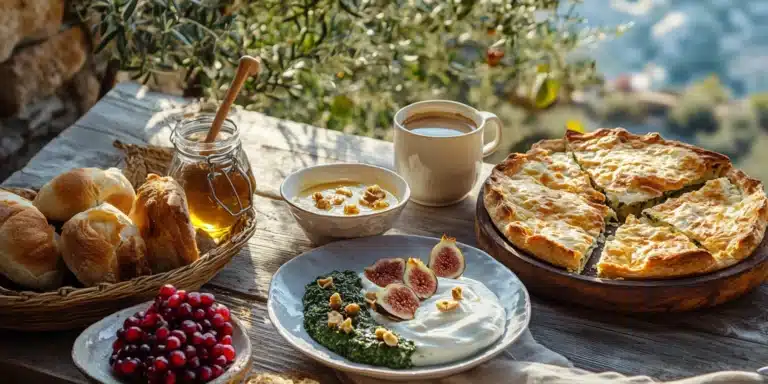 A rustic Greek breakfast spread on a wooden table in a bright, sunlit Mediterranean setting. Include a golden spanakopita (spinach pie) sliced and served on a ceramic plate, a bowl of creamy Greek yogurt topped with honey, walnuts, and fresh figs, a basket of crusty bread and koulouri (sesame bread rings), a small cup of Greek coffee with a briki pot nearby, a jar of golden honey with a wooden dipper, and a plate of fresh fruits like pomegranates and grapes. The background shows olive branches and a glimpse of a Greek seaside village, emphasizing warmth, tradition, and natural ingredients.