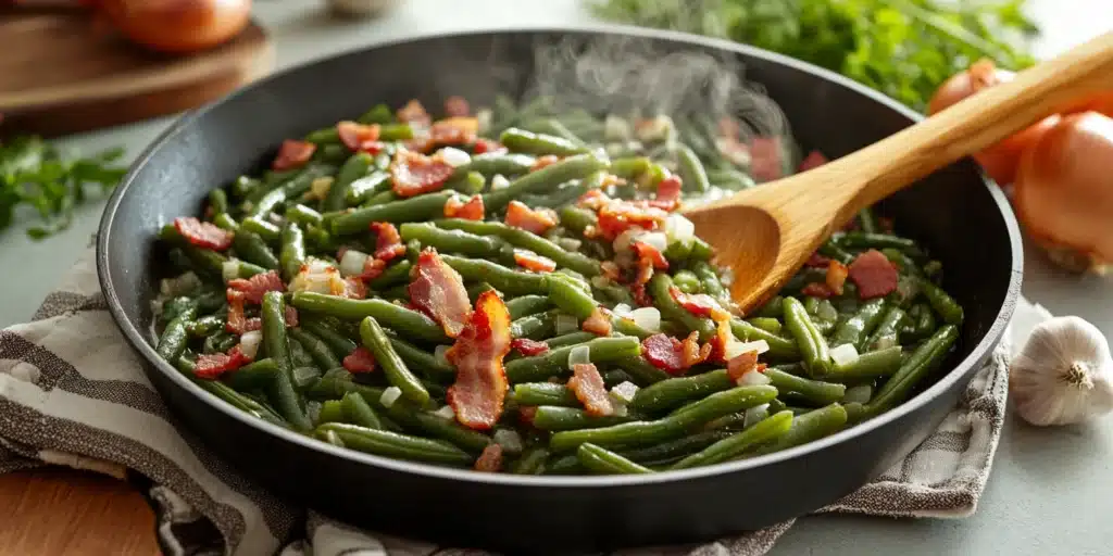 A skillet of Texas Roadhouse green beans simmering with broth, bacon, and onions, surrounded by fresh ingredients on a kitchen counter.