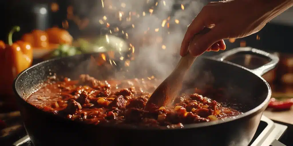 A hand stirring chili in a Dutch oven, with visible beef, peppers, and spices.