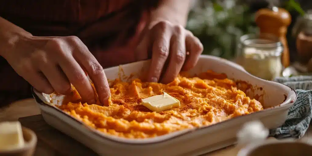 A person's hands spreading mashed sweet potatoes into a baking dish, with butter and spices in the background