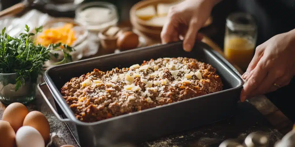 Hands shaping meatloaf mixture in a loaf pan, showing breadcrumbs, eggs, and cheese