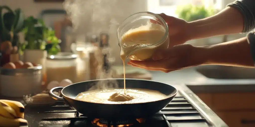 A person's hands pouring banana protein pancake batter onto a hot griddle, with ingredients visible in the background.