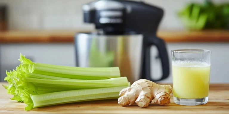 Fresh celery, ginger, a juicer, and a glass of cold-pressed juice.