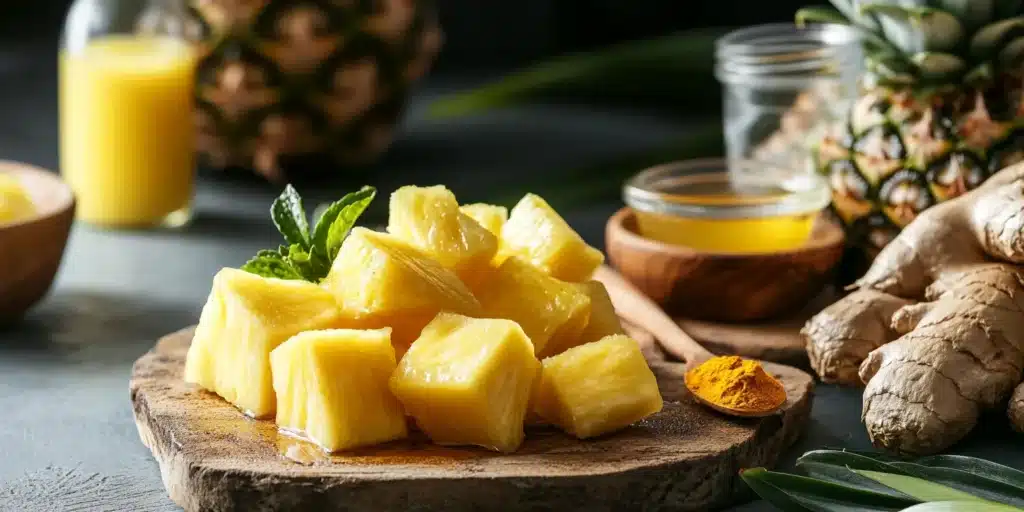 Fresh ingredients for a pineapple ginger turmeric shot, including pineapple, ginger, turmeric, and lemon.