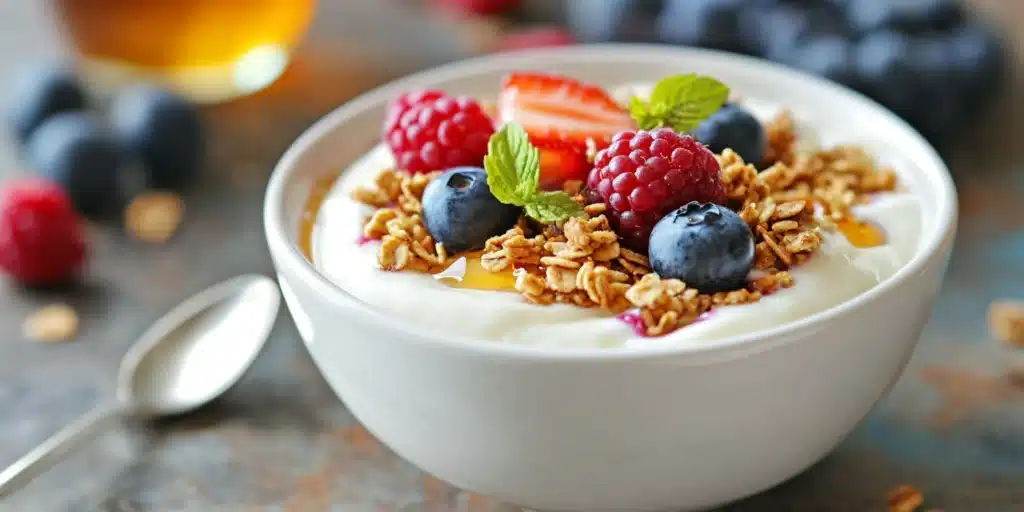 Bowl of yogurt topped with no-oven granola, berries, and honey.