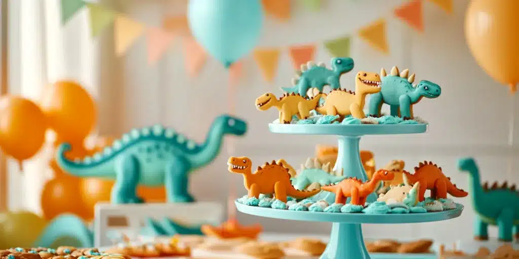 Dino cookies arranged at a birthday party setting with other decorations.