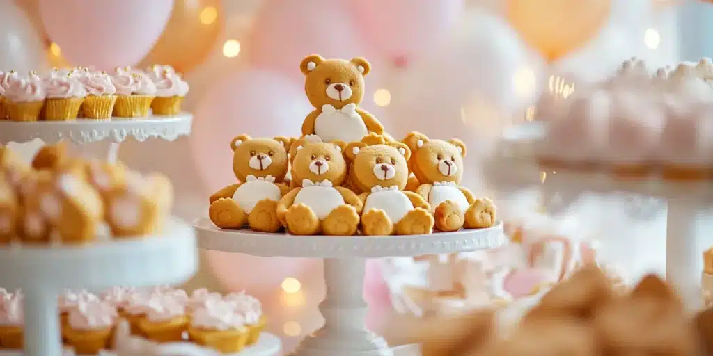 Teddy bear cookies arranged on a dessert table for a baby shower or birthday party.