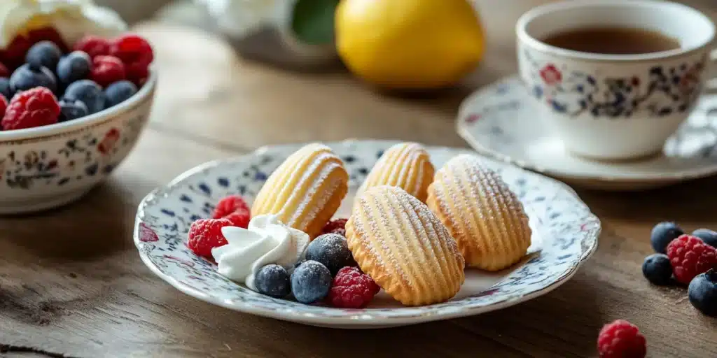 A plate of madeleines with cream, with a cup of tea and fresh berries.