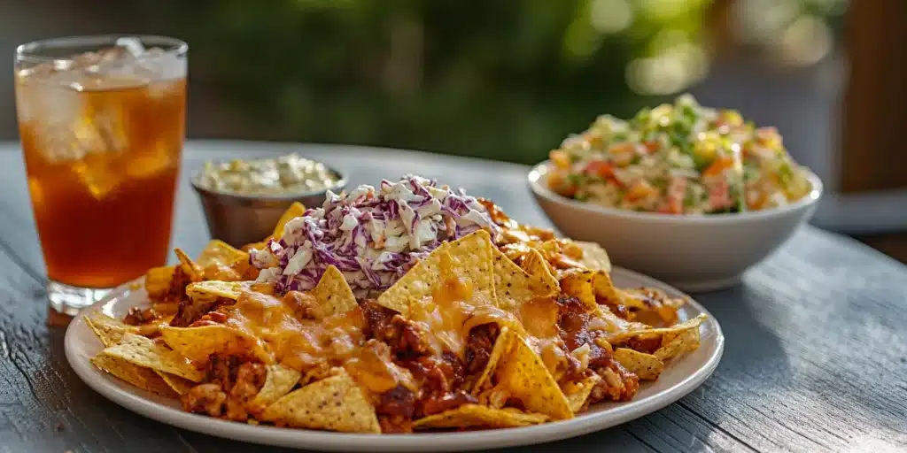 Plate of Southern BBQ nachos with sides and a glass of iced tea.