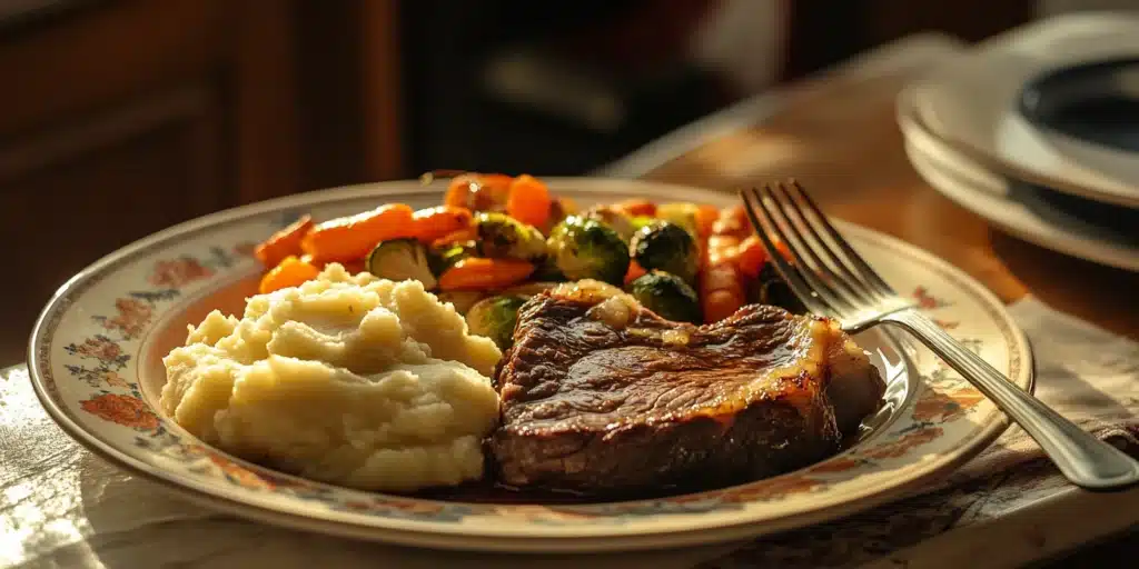 A plate of slow cooker beef rib steak served with mashed potatoes and roasted vegetables.