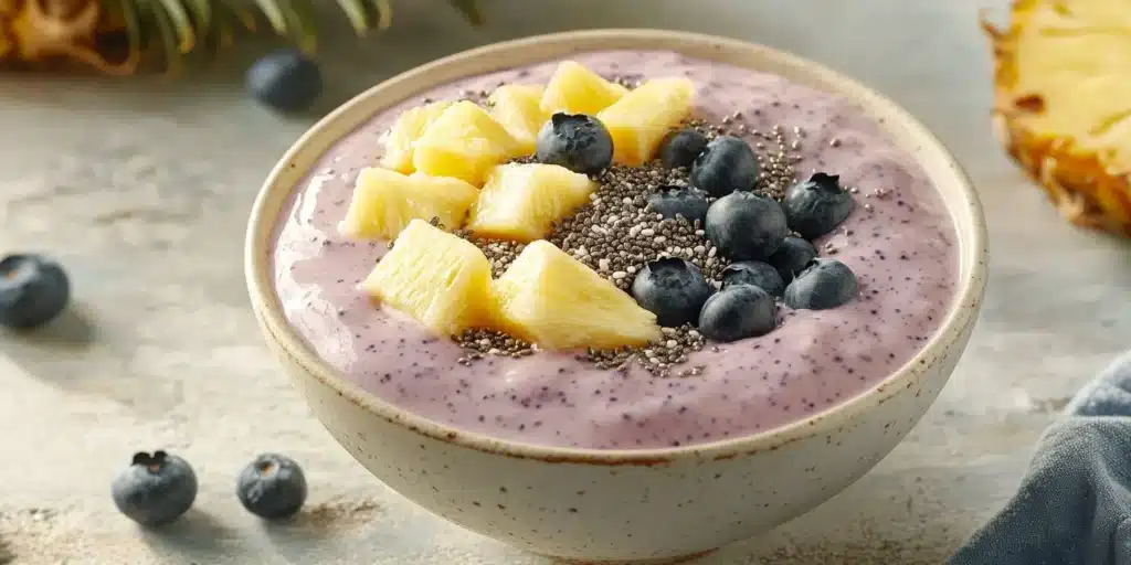 A smoothie bowl with blueberry pineapple smoothie, fresh fruit and chia seeds.
