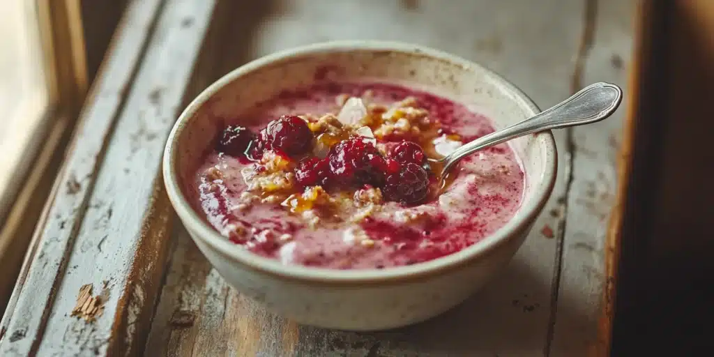 A wildberry fruit smoothie bowl with a spoon, ready to be enjoyed.