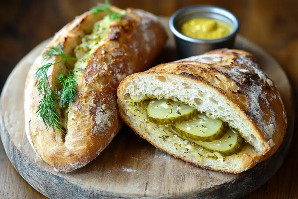 Two Matjesbrötchen herring sandwiches on a plate with pickles and mustard.