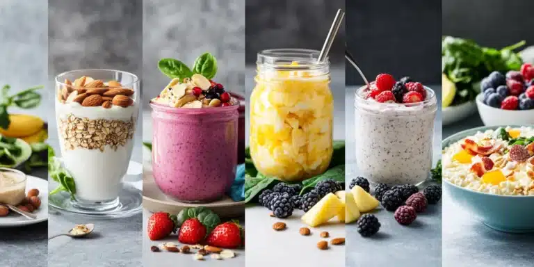 Five-panel image showcasing high-protein breakfast dishes: Greek yogurt parfait, scrambled eggs with spinach and turkey bacon, protein smoothie, overnight oats, and cottage cheese bowl with pineapple.