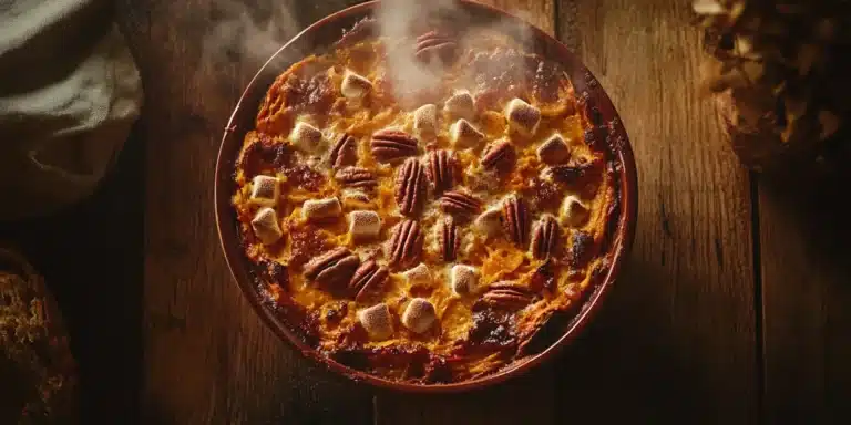 A freshly baked, golden-brown sweet potato casserole in a rustic dish, garnished with pecans and marshmallows on a wooden table