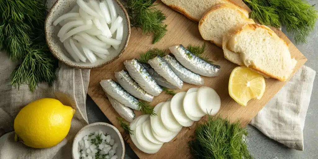 Raw ingredients for a Matjesbrötchen including herring, onion, dill, lemon and bread rolls.