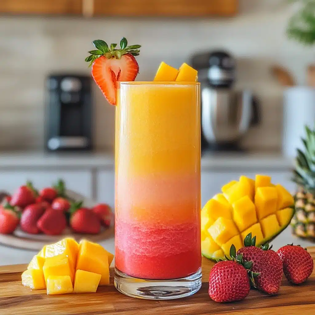 A colorful Sunrise Sunset Smoothie with a gradient of orange and pink, garnished with fresh fruit, surrounded by mango, strawberries, and pineapple on a kitchen counter.