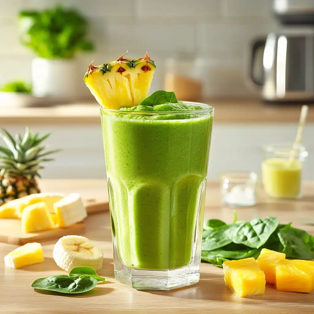 A bright green Island Green Smoothie in a glass, garnished with pineapple and spinach, surrounded by fresh fruits and greens on a kitchen counter.