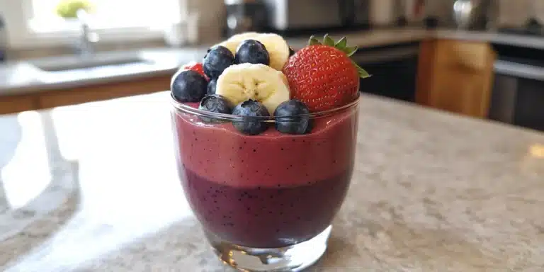 A creamy strawberry blueberry banana smoothie in a clear glass, topped with fresh strawberries, blueberries, and banana slices. The smoothie has a rich pinkish-purple color and is placed on a light kitchen counter with natural lighting, accompanied by ordinary kitchen utensils like a spoon and a blender in the background.