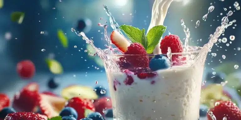 A close-up photo of a vibrant and creamy cottage cheese smoothie being poured into a glass