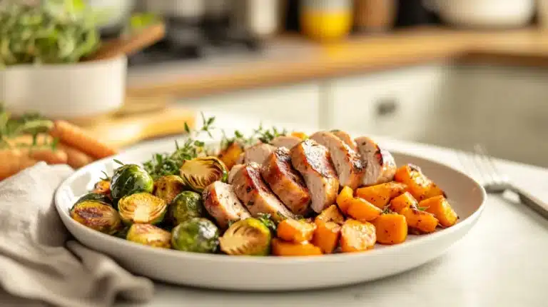 A plate of sliced chicken apple sausage with roasted vegetables on a dining table in a natural kitchen setting.